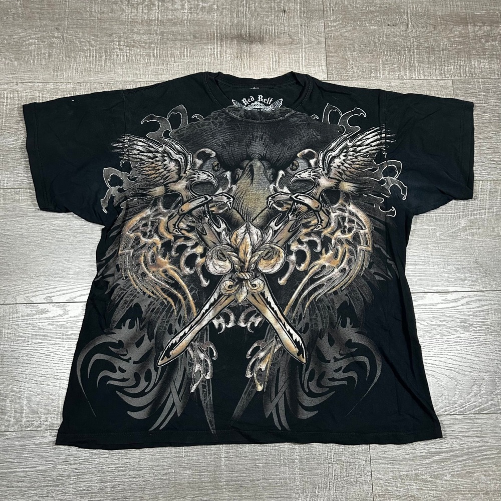 Red Belt Mens Graphic T-Shirt Black Eagle Sword Fleur De Lis Y2K Gothic L